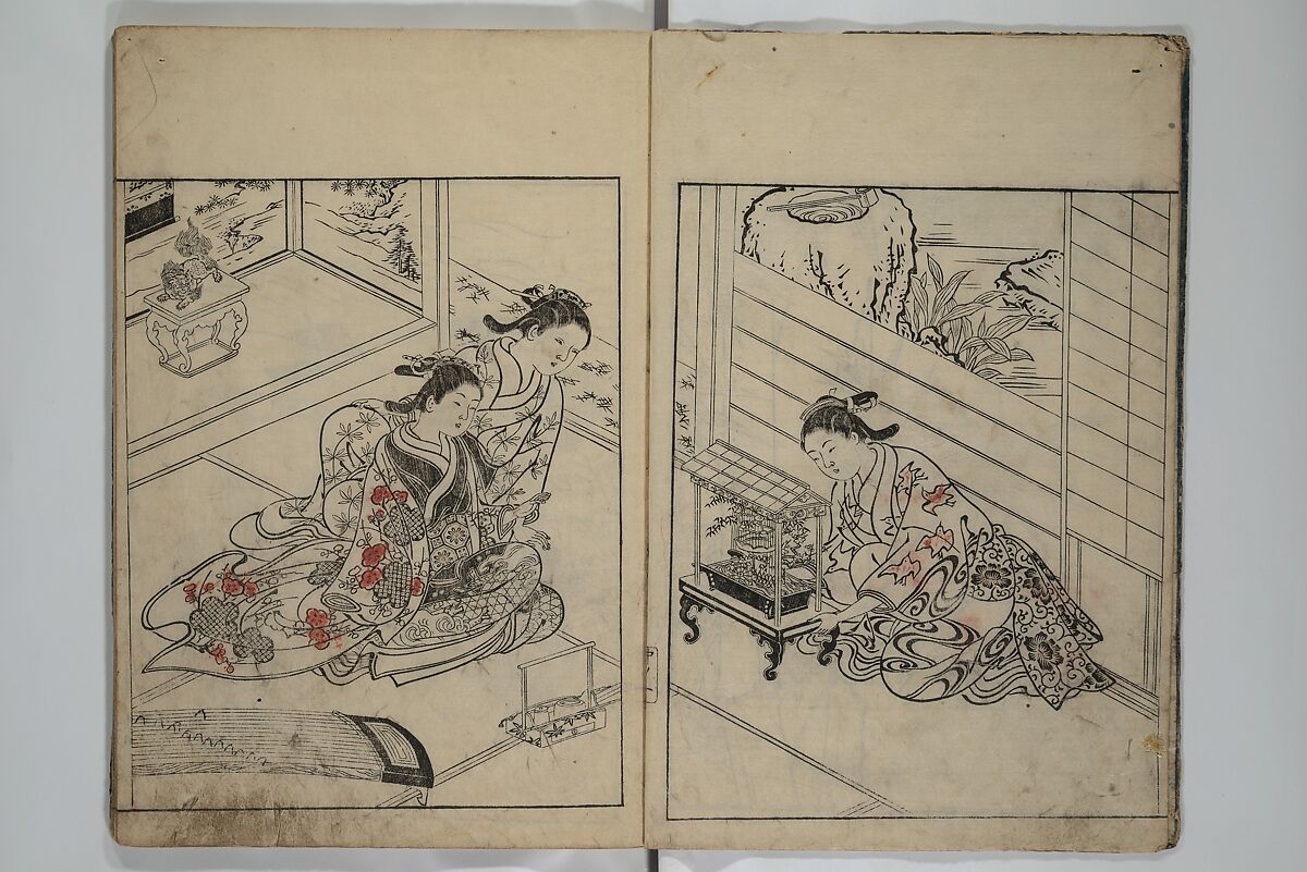 Picture Book of the Evergreens (Ehon tokiwagusa) 繪本常盤草, Nishikawa Sukenobu 西川祐信 (Japanese, 1671–1750), Woodblock-printed book; ink and hand-coloring on paper, Japan