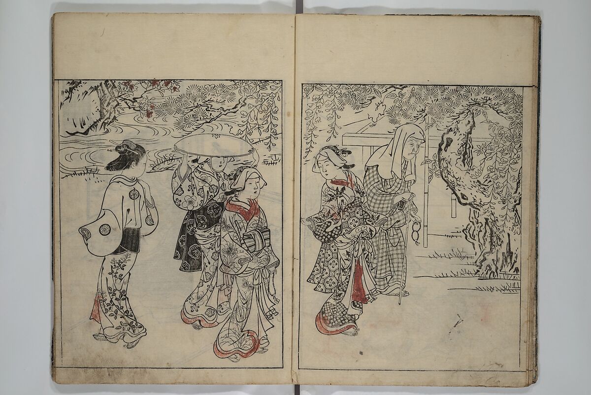 Picture Book of the Evergreens (Ehon tokiwagusa) 繪本常盤草, Nishikawa Sukenobu 西川祐信 (Japanese, 1671–1750), Woodblock-printed book; ink and hand-coloring on paper, Japan