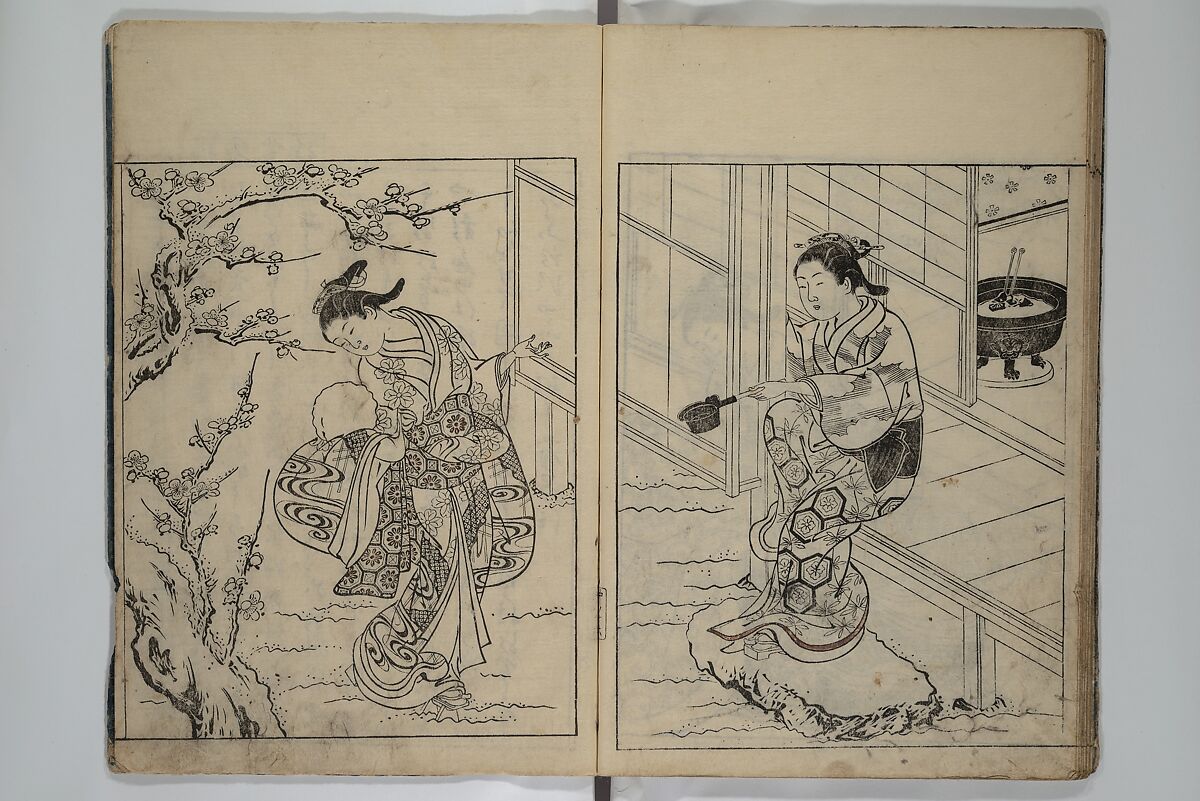 Picture Book of the Evergreens (Ehon tokiwagusa) 繪本常盤草, Nishikawa Sukenobu 西川祐信 (Japanese, 1671–1750), Woodblock-printed book; ink and hand-coloring on paper, Japan