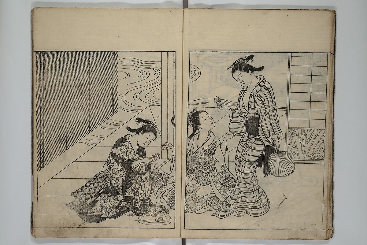 Picture Book of the Evergreens (Ehon tokiwagusa) 繪本常盤草, Nishikawa Sukenobu 西川祐信 (Japanese, 1671–1750), Woodblock-printed book; ink and hand-coloring on paper, Japan