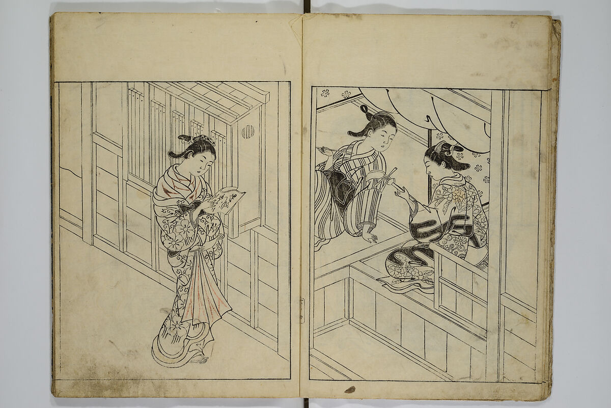 Picture Book of the Evergreens (Ehon tokiwagusa) 繪本常盤草, Nishikawa Sukenobu 西川祐信 (Japanese, 1671–1750), Woodblock-printed book; ink and hand-coloring on paper, Japan