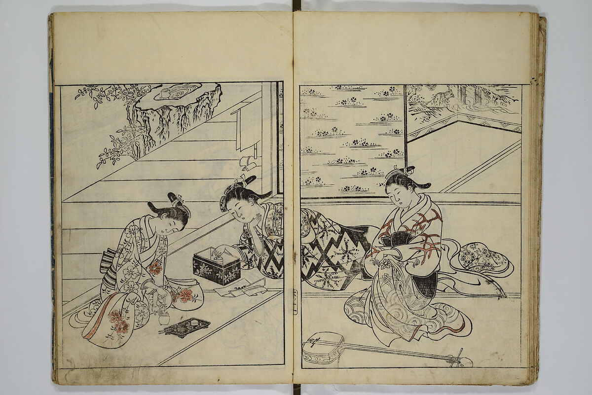 Picture Book of the Evergreens (Ehon tokiwagusa) 繪本常盤草, Nishikawa Sukenobu 西川祐信 (Japanese, 1671–1750), Woodblock-printed book; ink and hand-coloring on paper, Japan