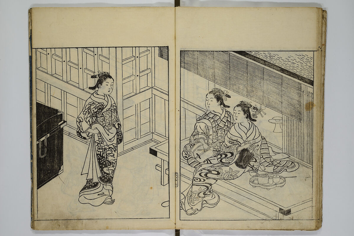 Picture Book of the Evergreens (Ehon tokiwagusa) 繪本常盤草, Nishikawa Sukenobu 西川祐信 (Japanese, 1671–1750), Woodblock-printed book; ink and hand-coloring on paper, Japan