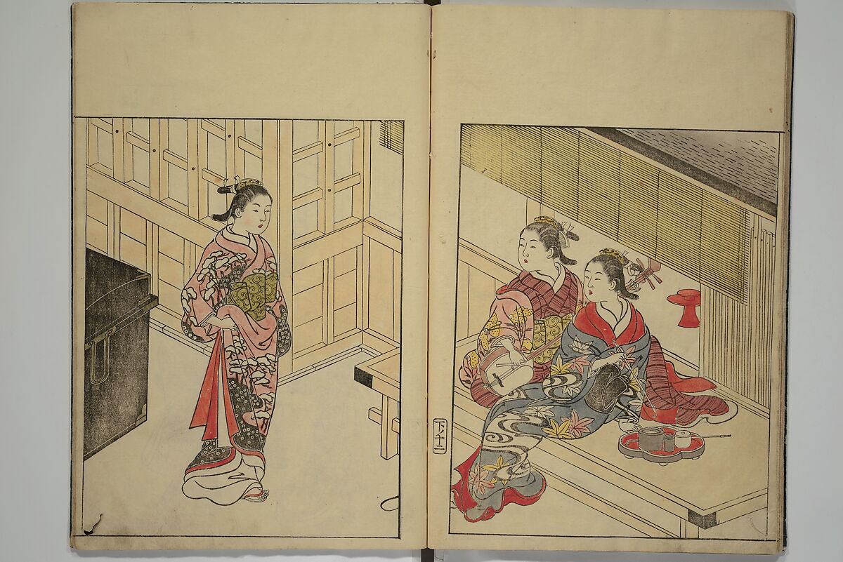 Picture Book of the Evergreens (Ehon tokiwagusa) 繪本常盤草, Nishikawa Sukenobu 西川祐信 (Japanese, 1671–1750), Woodblock printed book; ink and hand-coloring on paper, Japan