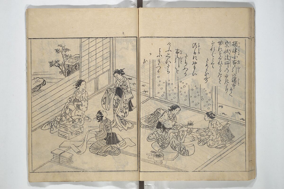 Picture Book of Snow, Moon, and Flowers (Ehon setsugekka) 絵本雪月花; 絵本倭文庫(えほんやまとぶんこ), Nishikawa Sukenobu 西川祐信 (Japanese, 1671–1750), Woodblock printed book; ink and color on paper, Japan