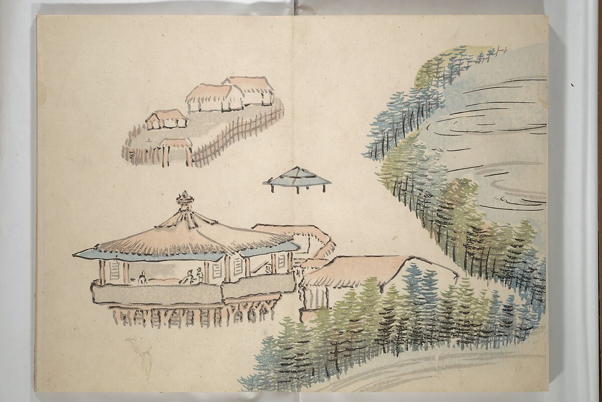 Taiga Hall Painting Album (Taigadō gafu), Illustrations by Ike no Taiga (Japanese, 1723–1776), Woodblock printed book (orihon, accordion-style); ink and color on paper, Japan