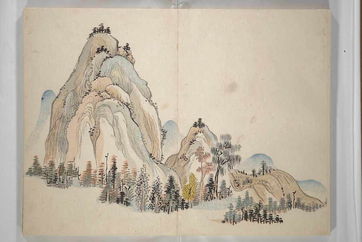 Taiga Hall Painting Album (Taigadō gafu), Illustrations by Ike no Taiga (Japanese, 1723–1776), Woodblock printed book (orihon, accordion-style); ink and color on paper, Japan