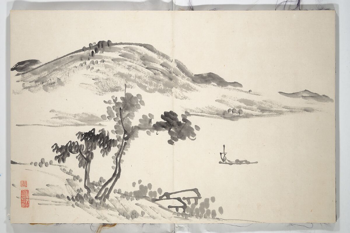 Untitled Picture Album of
 Fifteen Ink Paintings 對山先生山水画譜(たいざん せんせい さんすいがふ), Hine Taizan 日根對山 (Japanese, 1813–1869), Accordion album; ink on paper, Japan