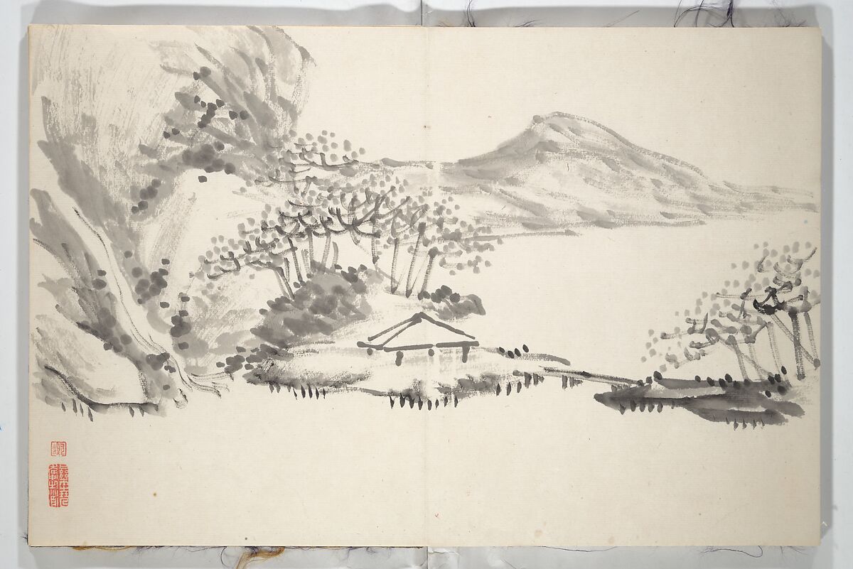 Untitled Picture Album of
 Fifteen Ink Paintings 對山先生山水画譜(たいざん せんせい さんすいがふ), Hine Taizan 日根對山 (Japanese, 1813–1869), Accordion album; ink on paper, Japan