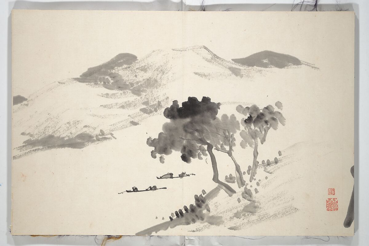 Untitled Picture Album of
 Fifteen Ink Paintings 對山先生山水画譜(たいざん せんせい さんすいがふ), Hine Taizan 日根對山 (Japanese, 1813–1869), Accordion album; ink on paper, Japan