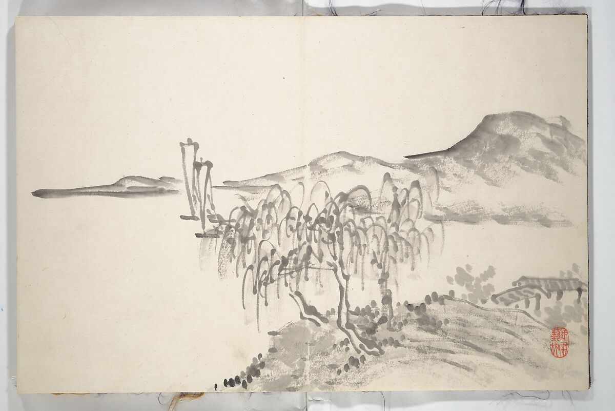 Untitled Picture Album of
 Fifteen Ink Paintings 對山先生山水画譜(たいざん せんせい さんすいがふ), Hine Taizan 日根對山 (Japanese, 1813–1869), Accordion album; ink on paper, Japan