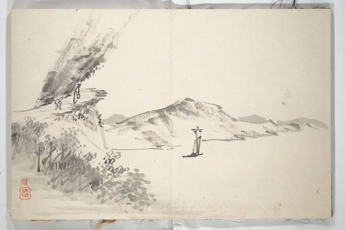 Untitled Picture Album of
 Fifteen Ink Paintings 對山先生山水画譜(たいざん せんせい さんすいがふ), Hine Taizan 日根對山 (Japanese, 1813–1869), Accordion album; ink on paper, Japan