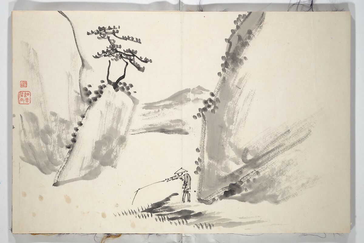 Untitled Picture Album of
 Fifteen Ink Paintings 對山先生山水画譜(たいざん せんせい さんすいがふ), Hine Taizan 日根對山 (Japanese, 1813–1869), Accordion album; ink on paper, Japan