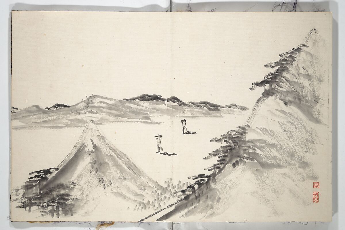 Untitled Picture Album of
 Fifteen Ink Paintings 對山先生山水画譜(たいざん せんせい さんすいがふ), Hine Taizan 日根對山 (Japanese, 1813–1869), Accordion album; ink on paper, Japan