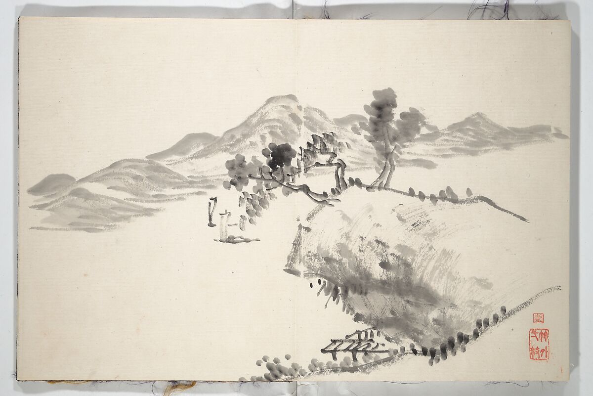 Untitled Picture Album of
 Fifteen Ink Paintings 對山先生山水画譜(たいざん せんせい さんすいがふ), Hine Taizan 日根對山 (Japanese, 1813–1869), Accordion album; ink on paper, Japan