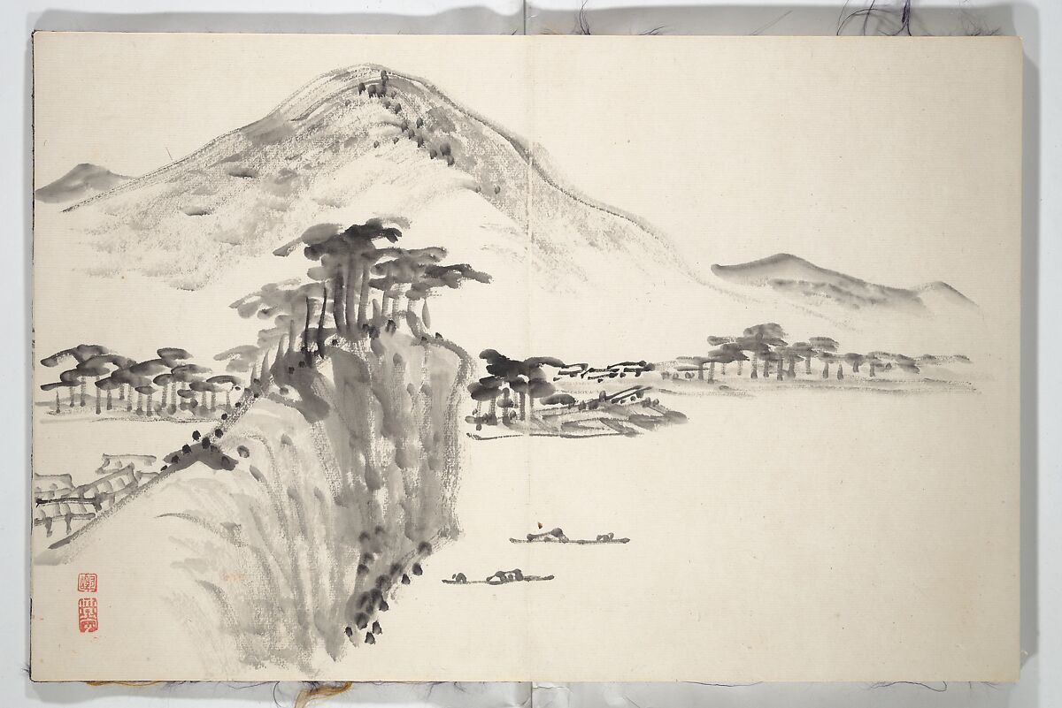 Untitled Picture Album of
 Fifteen Ink Paintings 對山先生山水画譜(たいざん せんせい さんすいがふ), Hine Taizan 日根對山 (Japanese, 1813–1869), Accordion album; ink on paper, Japan