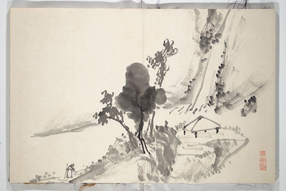 Untitled Picture Album of
 Fifteen Ink Paintings 對山先生山水画譜(たいざん せんせい さんすいがふ), Hine Taizan 日根對山 (Japanese, 1813–1869), Accordion album; ink on paper, Japan