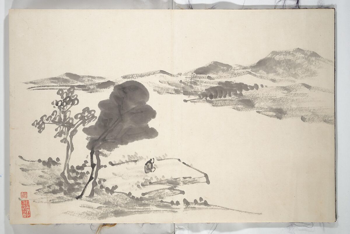 Untitled Picture Album of
 Fifteen Ink Paintings 對山先生山水画譜(たいざん せんせい さんすいがふ), Hine Taizan 日根對山 (Japanese, 1813–1869), Accordion album; ink on paper, Japan 