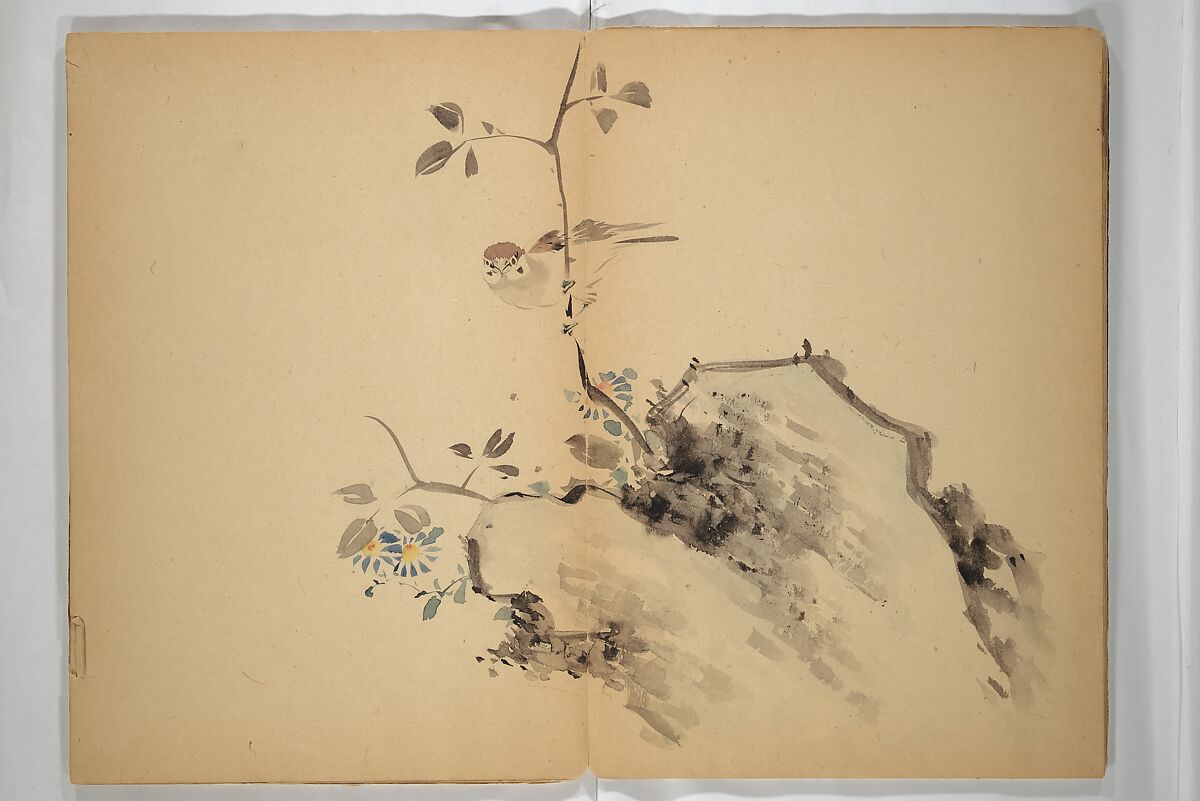 Untitled Album of Seventeen Sketches of Birds, Fowers and Landscapes, Shōfusai Tōsen 東泉? (Japanese, active second half of the 19th century), Woodblock printed book; ink and color on paper, Japan