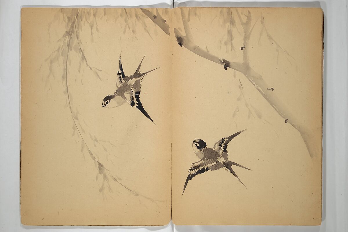 Untitled Album of Seventeen Sketches of Birds, Fowers and Landscapes, Shōfusai Tōsen 東泉? (Japanese, active second half of the 19th century), Woodblock printed book; ink and color on paper, Japan