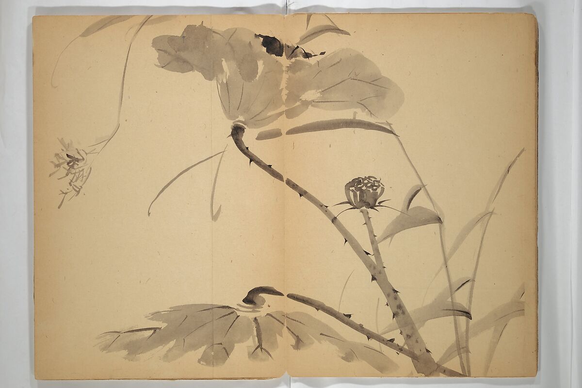 Untitled Album of Seventeen Sketches of Birds, Fowers and Landscapes, Shōfusai Tōsen 東泉? (Japanese, active second half of the 19th century), Woodblock printed book; ink and color on paper, Japan