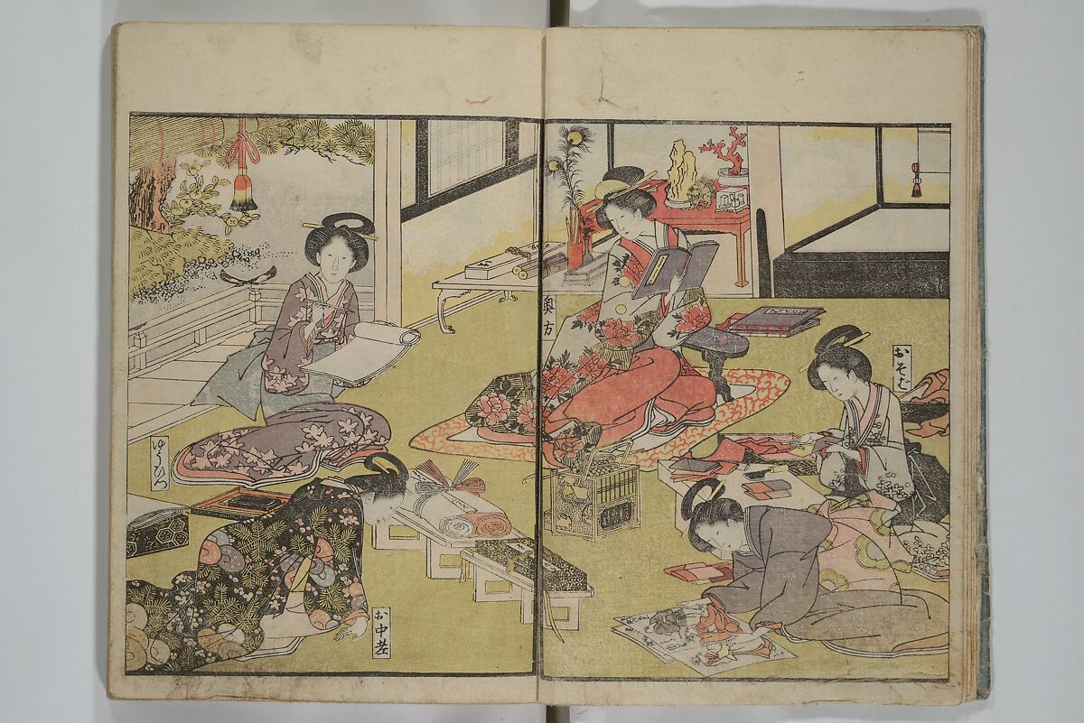 Picture Book of Modern Figures of Fashion (Ehon imayō sugata) 絵本時世粧, Utagawa Toyokuni I 歌川豊国一世 (Japanese, 1769–1825), Set of two woodblock-printed books with hand-written names in volume two; ink and color on paper, Japan
