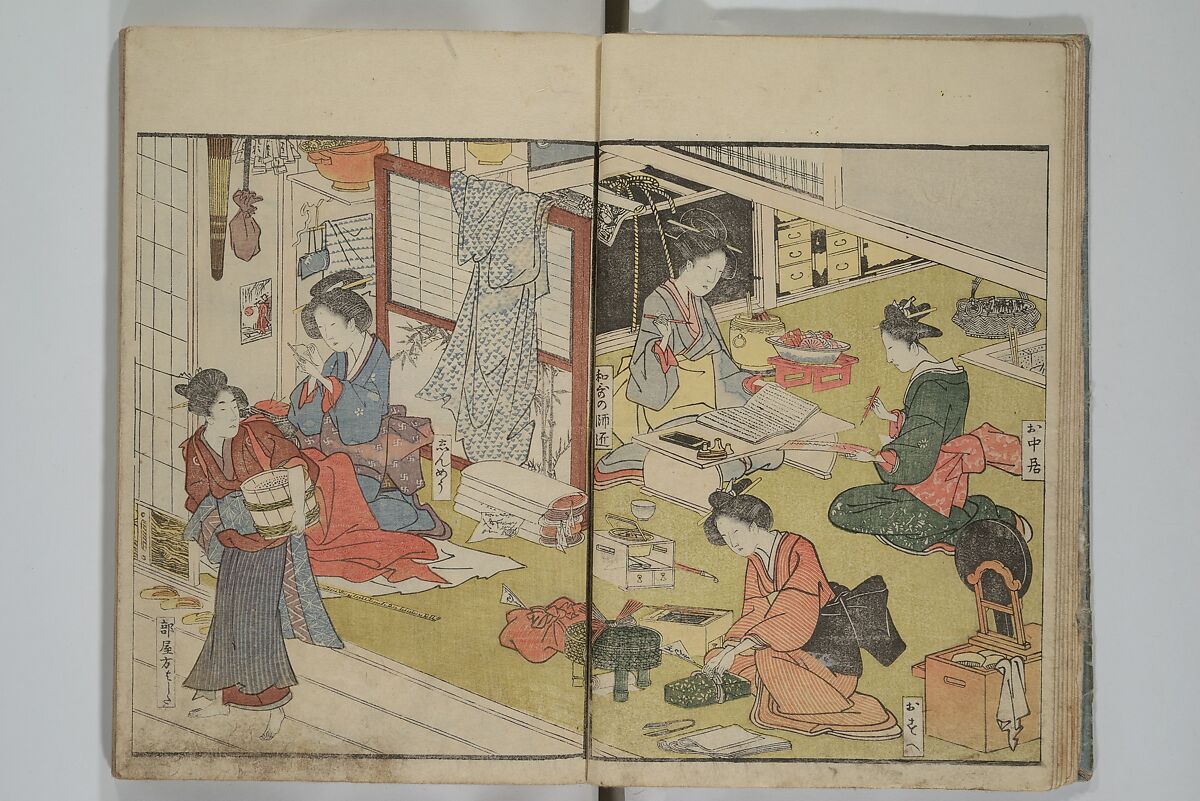Picture Book of Modern Figures of Fashion (Ehon imayō sugata) 絵本時世粧, Utagawa Toyokuni I 歌川豊国一世 (Japanese, 1769–1825), Set of two woodblock-printed books with hand-written names in volume two; ink and color on paper, Japan