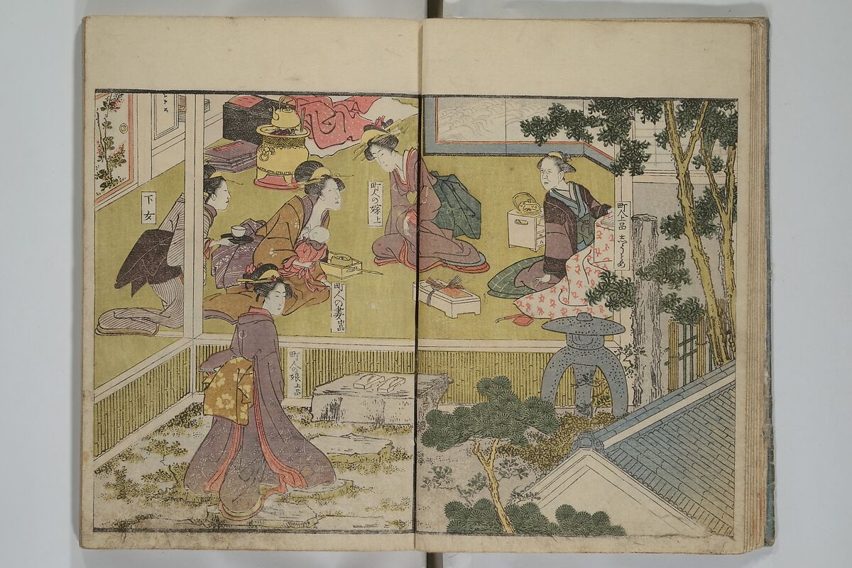 Picture Book of Modern Figures of Fashion (Ehon imayō sugata) 絵本時世粧, Utagawa Toyokuni I 歌川豊国一世 (Japanese, 1769–1825), Set of two woodblock-printed books with hand-written names in volume two; ink and color on paper, Japan