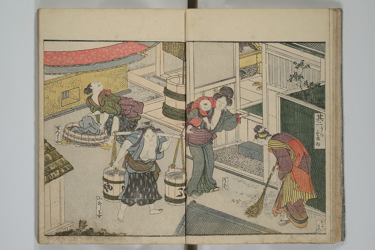 Picture Book of Modern Figures of Fashion (Ehon imayō sugata) 絵本時世粧, Utagawa Toyokuni I 歌川豊国一世 (Japanese, 1769–1825), Set of two woodblock-printed books with hand-written names in volume two; ink and color on paper, Japan
