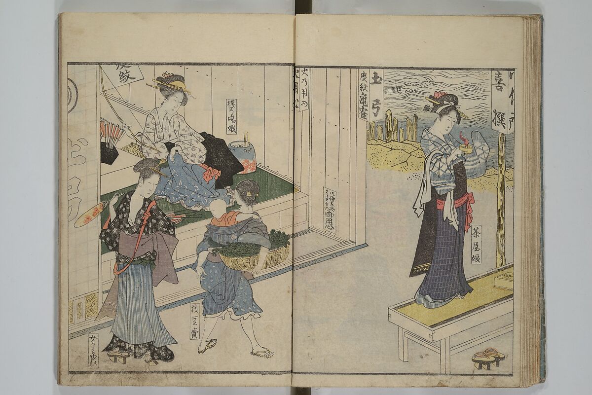 Picture Book of Modern Figures of Fashion (Ehon imayō sugata) 絵本時世粧, Utagawa Toyokuni I 歌川豊国一世 (Japanese, 1769–1825), Set of two woodblock-printed books with hand-written names in volume two; ink and color on paper, Japan