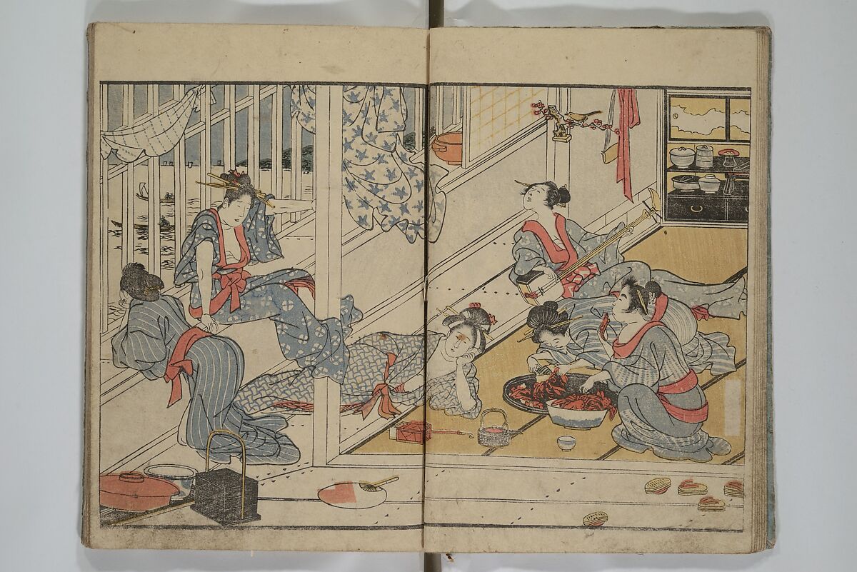 Picture Book of Modern Figures of Fashion (Ehon imayō sugata) 絵本時世粧, Utagawa Toyokuni I 歌川豊国一世 (Japanese, 1769–1825), Set of two woodblock-printed books with hand-written names in volume two; ink and color on paper, Japan