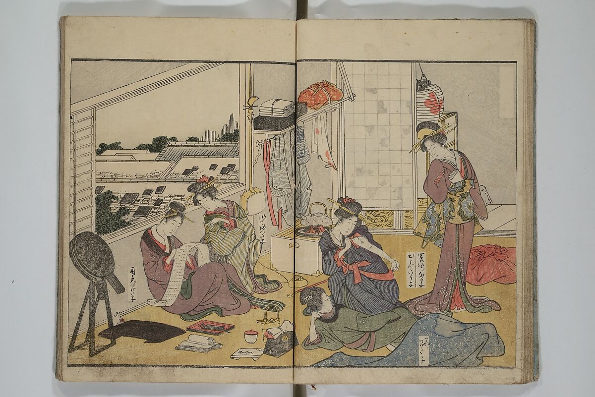 Picture Book of Modern Figures of Fashion (Ehon imayō sugata) 絵本時世粧, Utagawa Toyokuni I 歌川豊国一世 (Japanese, 1769–1825), Set of two woodblock-printed books with hand-written names in volume two; ink and color on paper, Japan