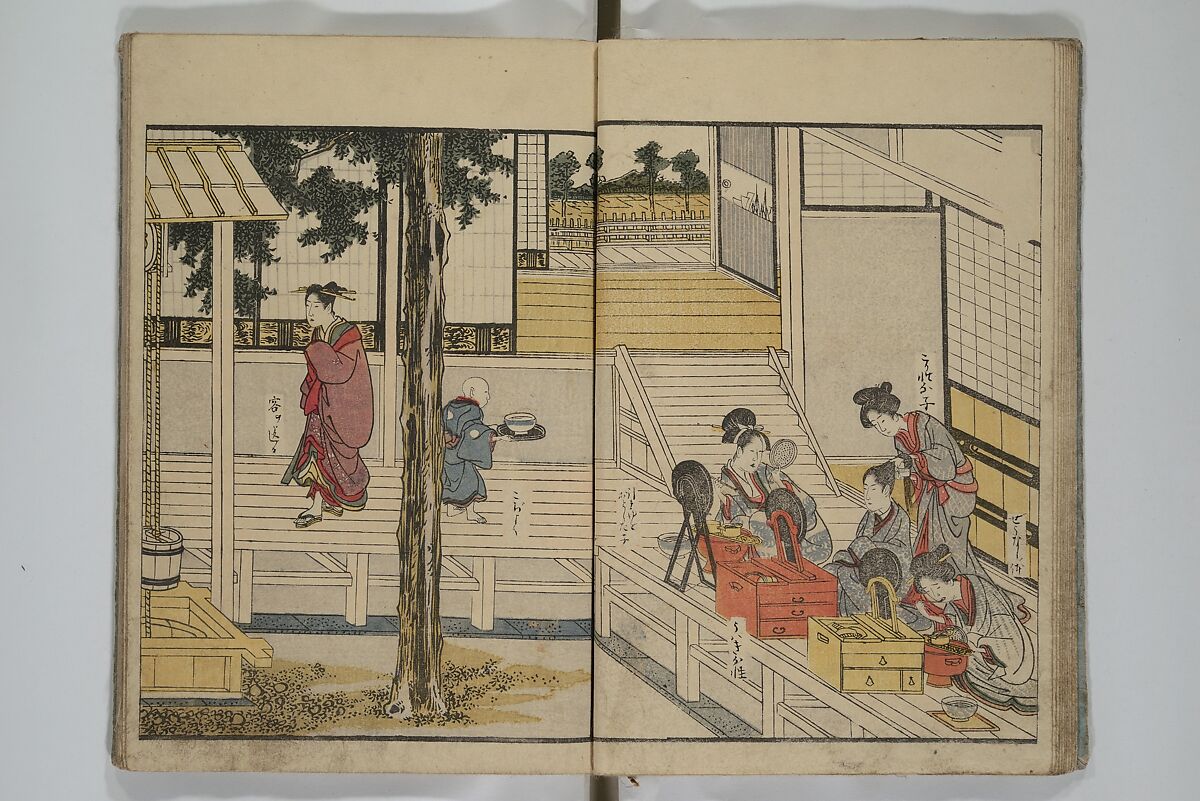 Picture Book of Modern Figures of Fashion (Ehon imayō sugata) 絵本時世粧, Utagawa Toyokuni I 歌川豊国一世 (Japanese, 1769–1825), Set of two woodblock-printed books with hand-written names in volume two; ink and color on paper, Japan