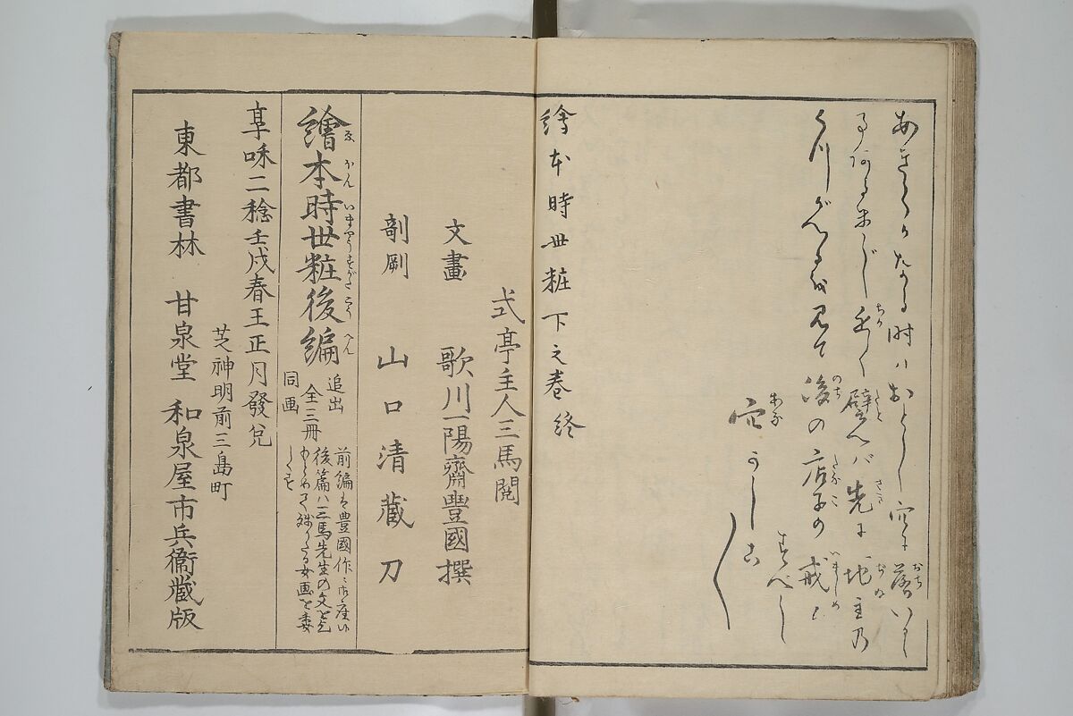 Picture Book of Modern Figures of Fashion (Ehon imayō sugata) 絵本時世粧, Utagawa Toyokuni I 歌川豊国一世 (Japanese, 1769–1825), Set of two woodblock-printed books with hand-written names in volume two; ink and color on paper, Japan