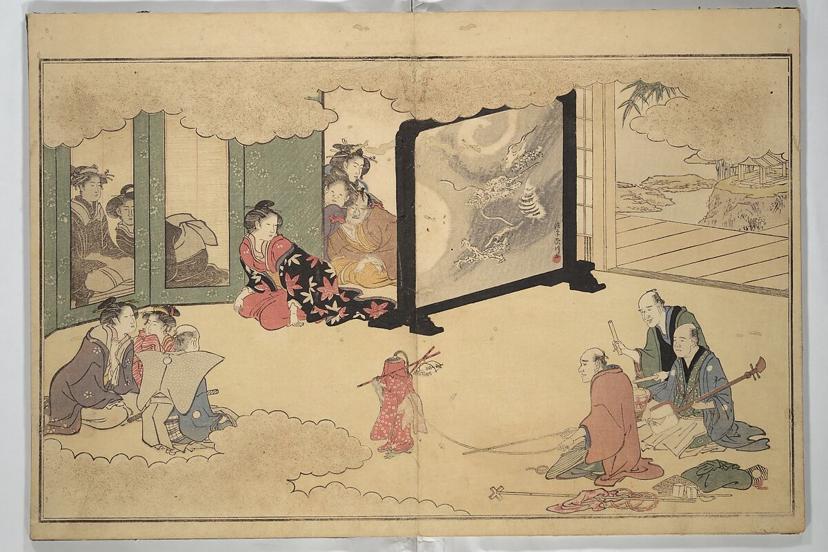The Young God Ebisu (Waka ebisu) 和歌夷, Kitagawa Utamaro 喜多川歌麿 (Japanese, ca. 1754–1806), Woodblock printed book; ink, color, and brass dust on paper, Japan