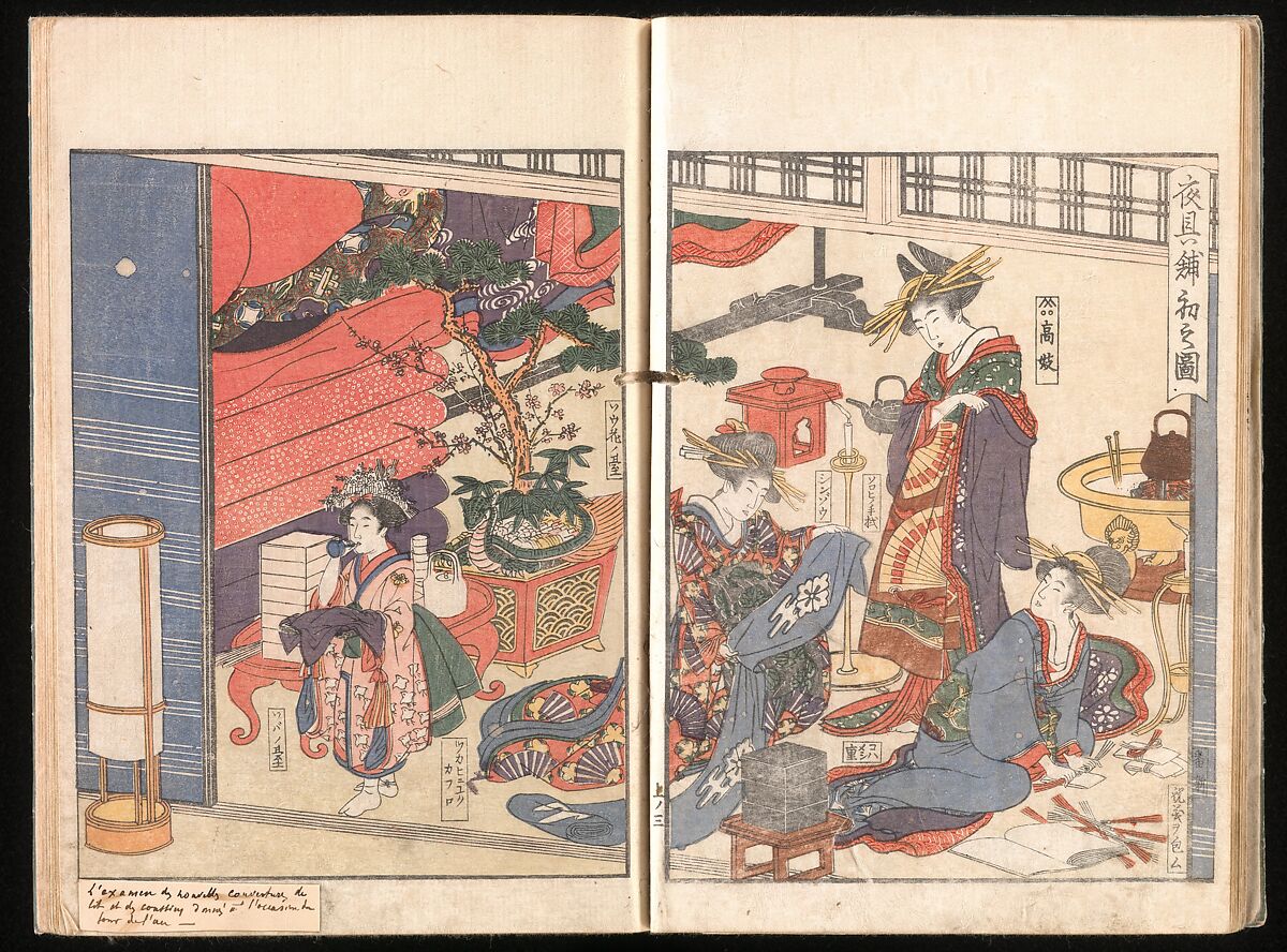 Yoshiwara Picture Book of New Year’s Festivities (Seirō ehon nenjū gyōji) 青楼繪本年中行事, Kitagawa Utamaro 喜多川歌麿 (Japanese, ca. 1754–1806), Set of two woodblock printed books; ink and color on paper, Japan