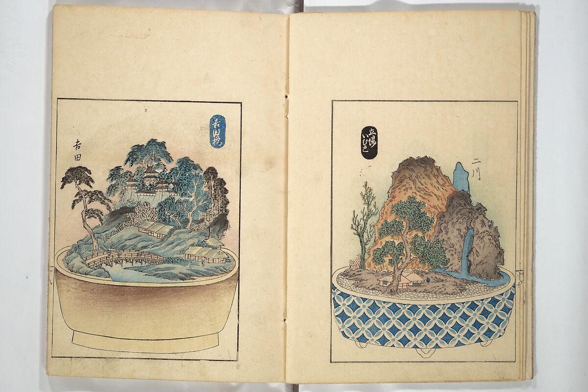 Views of Instructions for Bonsai along the Fifty-three Stations of the Tōkaidō (Tōkaidō gojūsantsugi hachiyama zue) 東海道五十三次鉢山図絵, Utagawa Yoshishige 歌川芳重 (Japanese, active 1840s), Set of two woodblock printed books; ink and color on paper, Japan