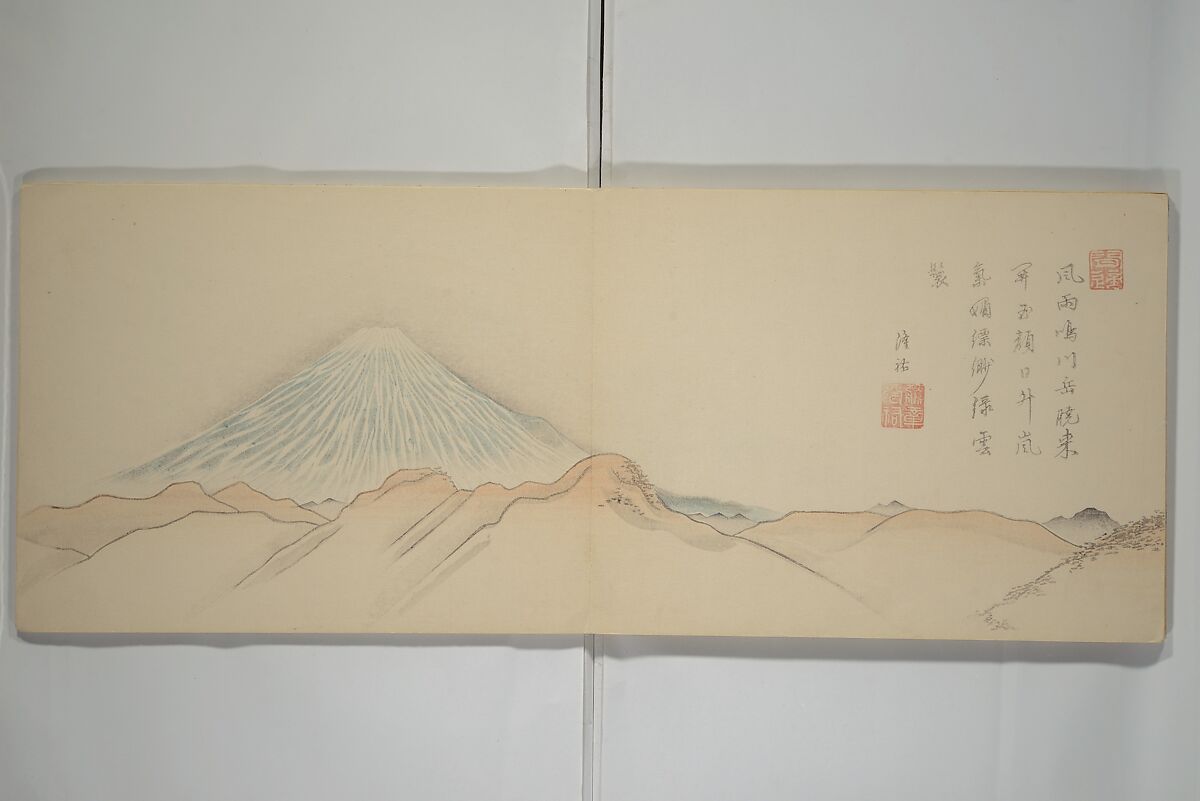 Striking Views of Mount Fuji (Fuyō kikan) 芙蓉奇観, Yamada Sadazane 山田貞実 (Japanese, active 1848–68), Woodblock printed book (orihon, accordion-style but bound); ink and color on paper, Japan
