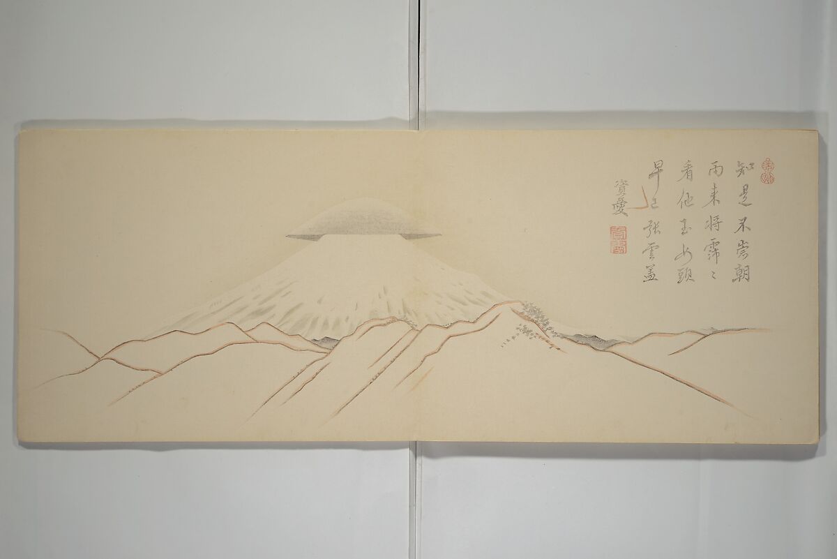 Striking Views of Mount Fuji (Fuyō kikan) 芙蓉奇観, Yamada Sadazane 山田貞実 (Japanese, active 1848–68), Woodblock printed book (orihon, accordion-style but bound); ink and color on paper, Japan