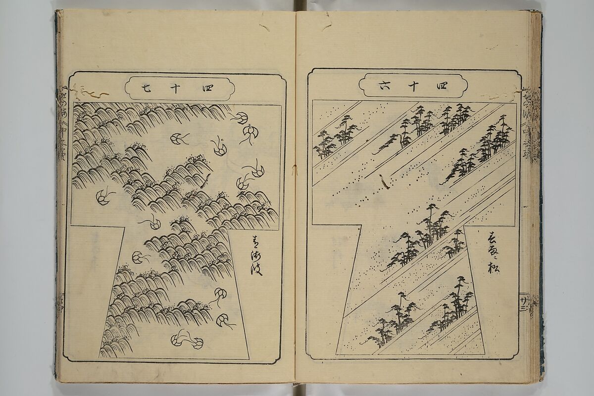 Book of Kosode Patterns (Hiinagata Ise no umi) 雛形伊勢乃海, Enoki Shinuemon Hironobu 榎木新右衛門 寛命 (Japanese, active mid- 18th century), Three woodblock-printed books bound as one; ink on paper, Japan