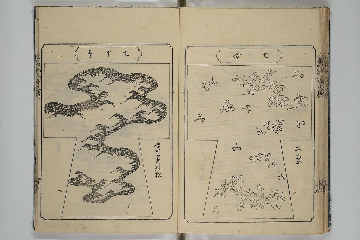 Book of Kosode Patterns (Hiinagata Ise no umi) 雛形伊勢乃海, Enoki Shinuemon Hironobu 榎木新右衛門 寛命 (Japanese, active mid- 18th century), Three woodblock-printed books bound as one; ink on paper, Japan