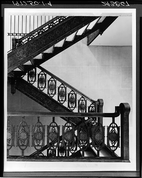 Staircase from Chicago Stock Exchange Building, Chicago, Louis Henry Sullivan  American, Cast iron, electroplate copper finish, mahogany railing, American