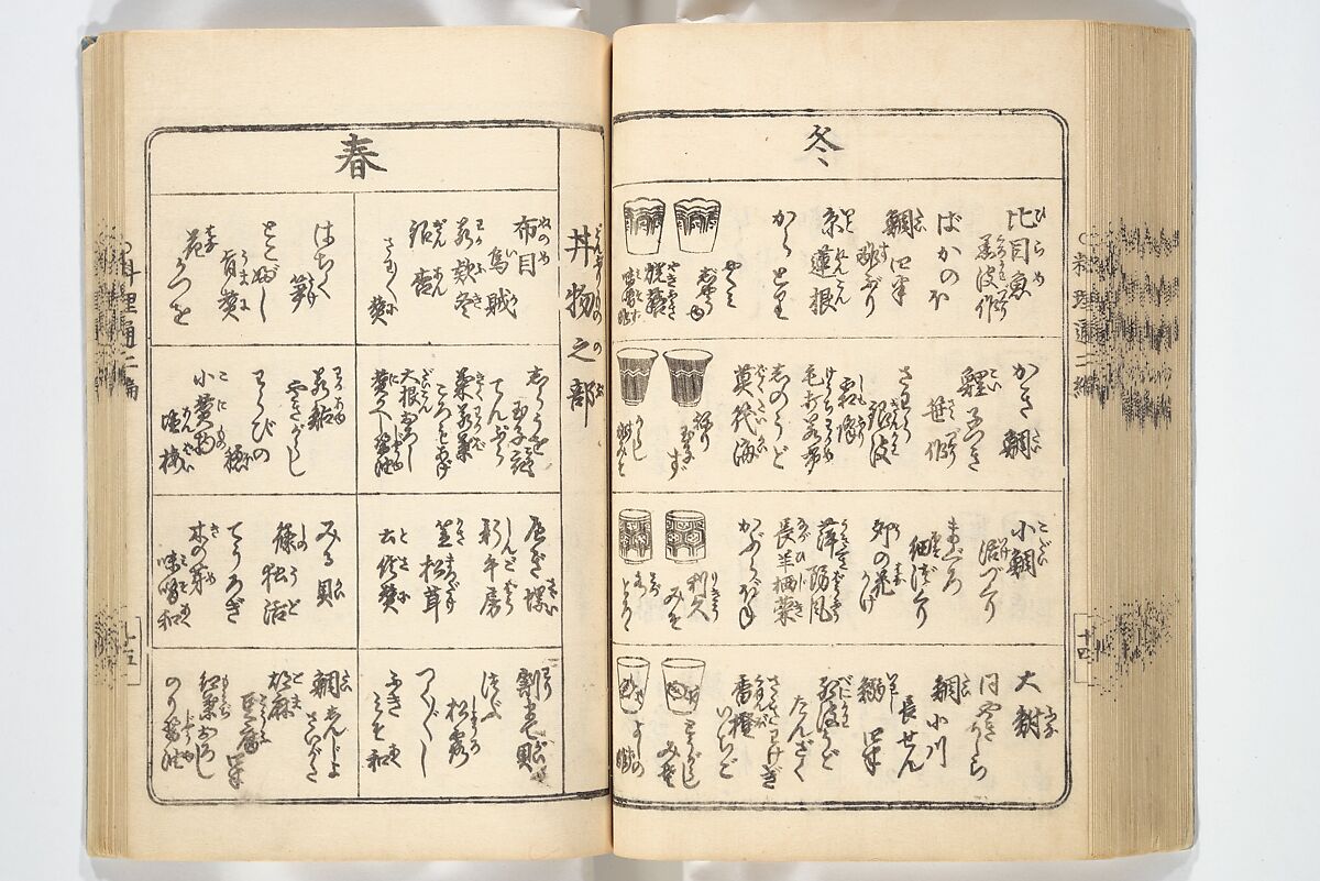 Handbook of Fashionable Cuisine for the Epicures of Edo (Edo ryūkō ryōri tsū taizen) 江戸流行料理通大全; 料理通初編&二編, Kuwagata Keisai 鍬形蕙斎 (Japanese, 1764–1824), Woodblock printed book; ink on paper, Japan