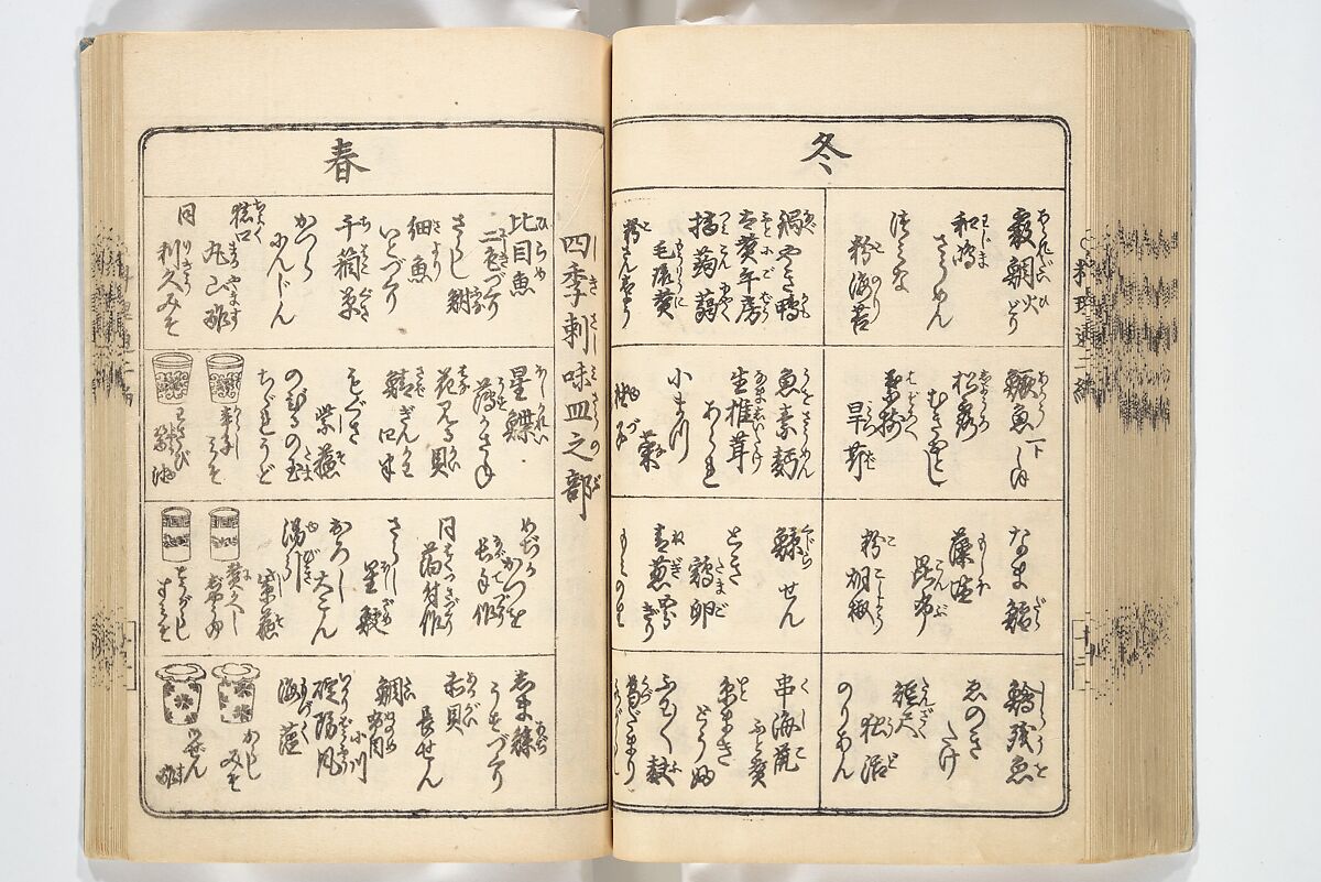 Handbook of Fashionable Cuisine for the Epicures of Edo (Edo ryūkō ryōri tsū taizen) 江戸流行料理通大全; 料理通初編&二編, Kuwagata Keisai 鍬形蕙斎 (Japanese, 1764–1824), Woodblock printed book; ink on paper, Japan