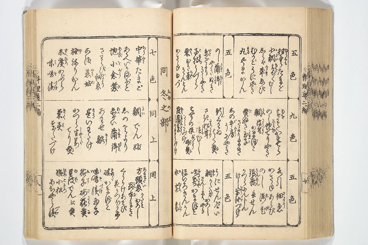 Handbook of Fashionable Cuisine for the Epicures of Edo (Edo ryūkō ryōri tsū taizen) 江戸流行料理通大全; 料理通初編&二編, Kuwagata Keisai 鍬形蕙斎 (Japanese, 1764–1824), Woodblock printed book; ink on paper, Japan