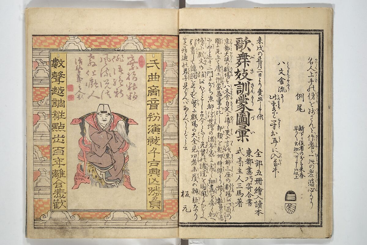 Amusements of Kabuki Actors of the “Third Floor” [Dressing Room], by Shikitei Sanba 俳優三階興, Utagawa Toyokuni I 歌川豊国一世 (Japanese, 1769–1825), First volume of a two-volume set of woodblock-printed books; ink and color on paper, Japan