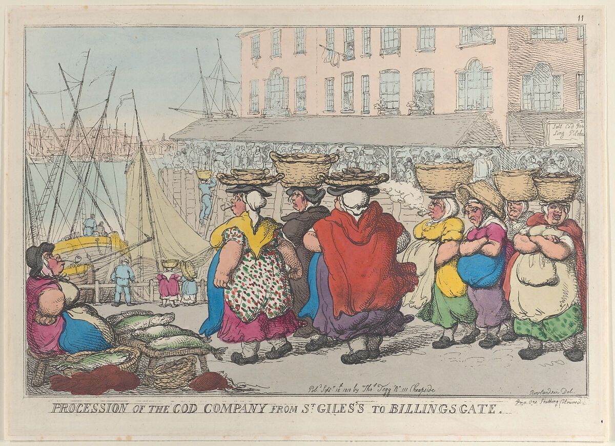 Procession of the Cod Company from St. Giles's to Billingsgate, Thomas Rowlandson (British, London 1757–1827 London), Hand-colored etching 