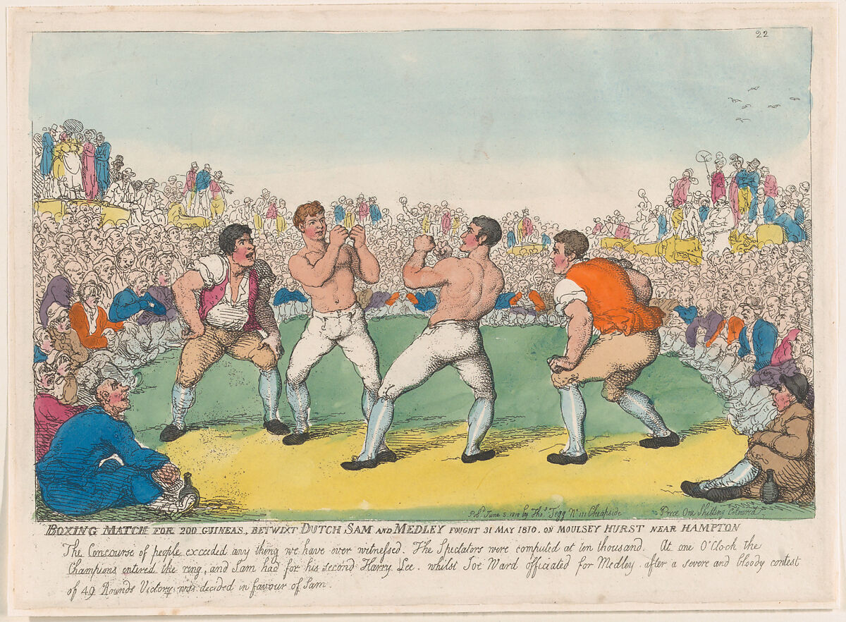 Boxing Match for 200 Guineas, Betwixt Dutch Sam and Medley Fought 31 May 1810, on Moulsey Hurst Near Hampton, Thomas Rowlandson (British, London 1757–1827 London), Hand-colored etching 