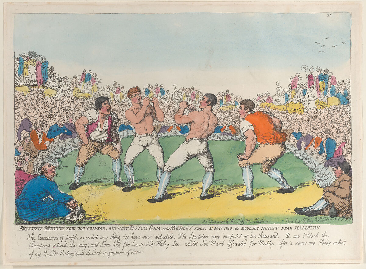 Boxing Match for 200 Guineas, Betwixt Dutch Sam and Medley Fought 31 May 1810, on Moulsey Hurst Near Hampton, Thomas Rowlandson (British, London 1757–1827 London), Hand-colored etching