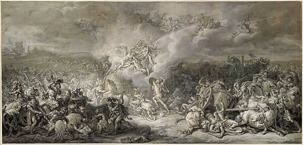 The Combat of Diomedes, Jacques Louis David (French, Paris 1748–1825 Brussels), Pen and black ink, brush and gray wash, black chalk, heightened with
white, on three joined sheets of gray-blue paper 